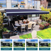 Outdoor patio with retractable awning, table, chairs, and garden.