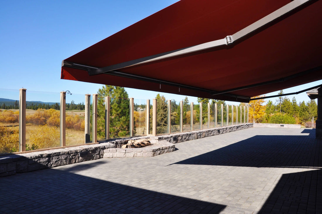 Large commercial retractable awning covering outdoor patio for Tampa Bay business