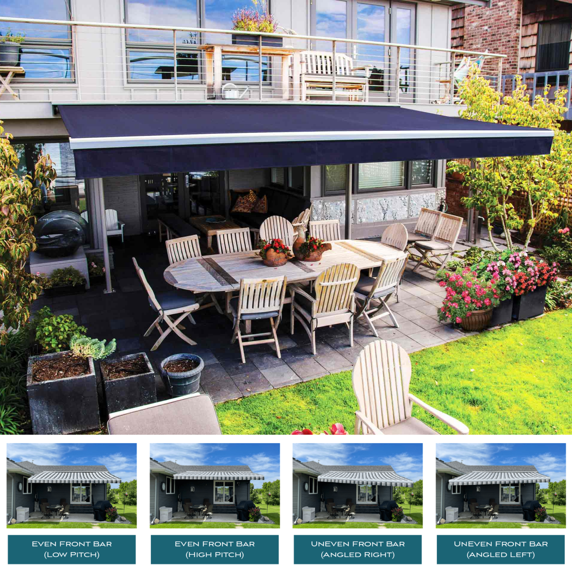 Outdoor patio with retractable awning, table, chairs, and garden.